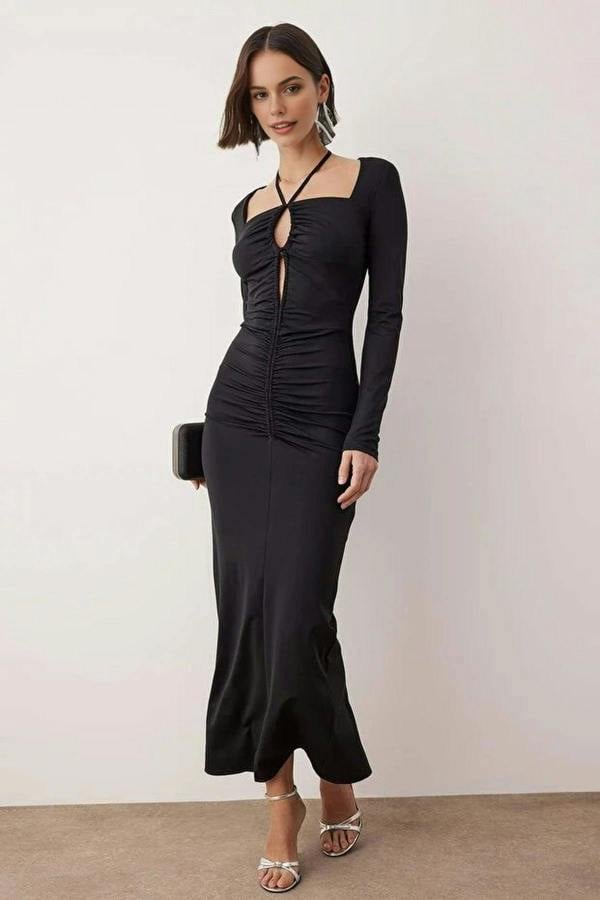 WOVCOR Maxi Evening Dress with Halter Neck Detail
