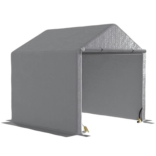 Grey fabric garden storage tent with open front and covered doorway