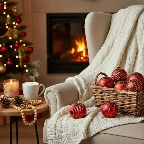 8cm Red Glass Christmas Baubles Set, 12 Pack with 3 Assorted Designs for Tree Decorations image 7