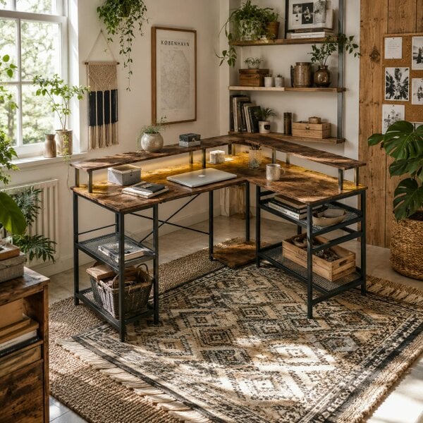 Wyld Haus Mosovi Brown L Shaped Desk With Built In LED Lighting And Shelves