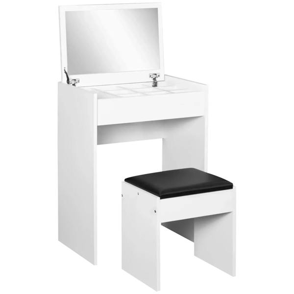 White vanity dressing table with flip-up mirror and padded black stool