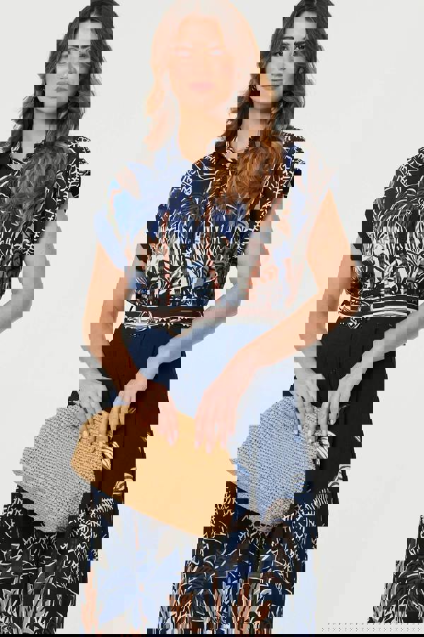 Navy | Tropical Print Belted Midi Shirt Dress
