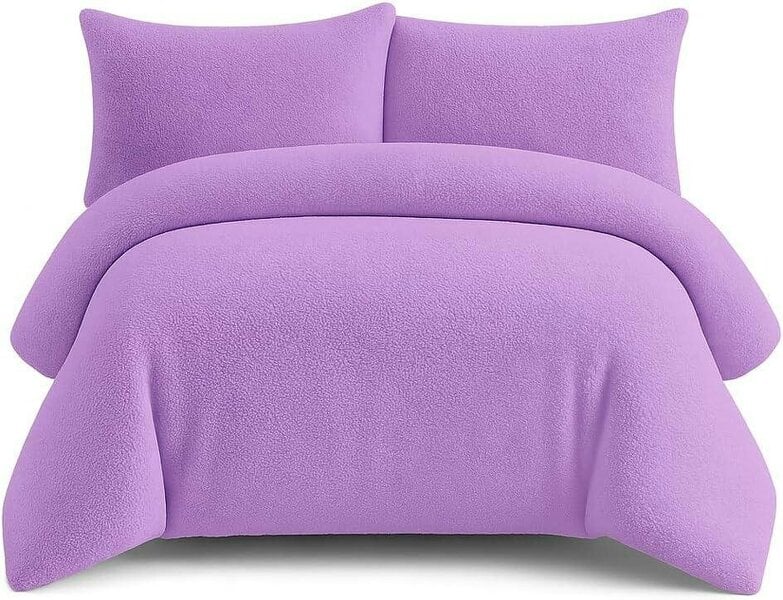 Night Zone Teddy Fleece Duvet Cover Set – Soft Warm Teddy Bear Bedding with Pillowcases - Lilac
