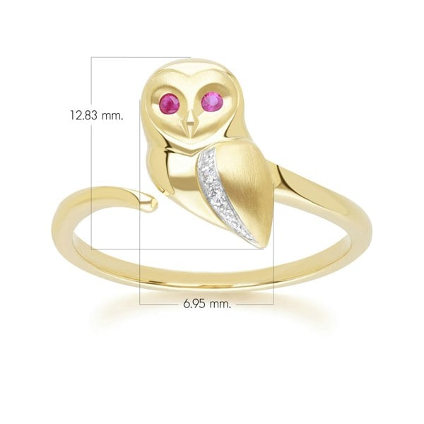 Gemondo Gardenia Ruby and White Sapphire Owl Ring in 9ct Yellow Gold