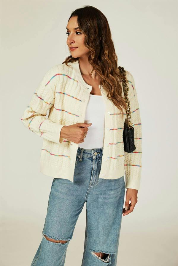 FS Collection Rainbow Stripe Knitted Cardigan In White