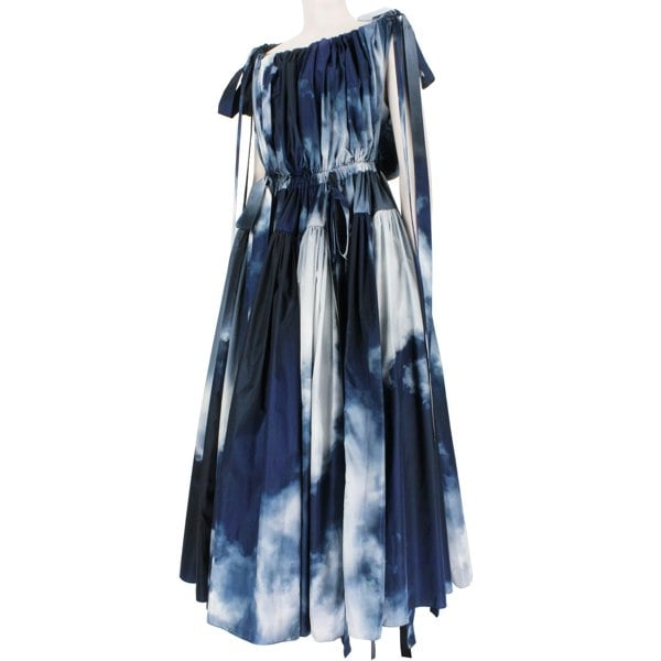 Alexander McQueen blue and white sky cloud pattered off the shoulder full dress