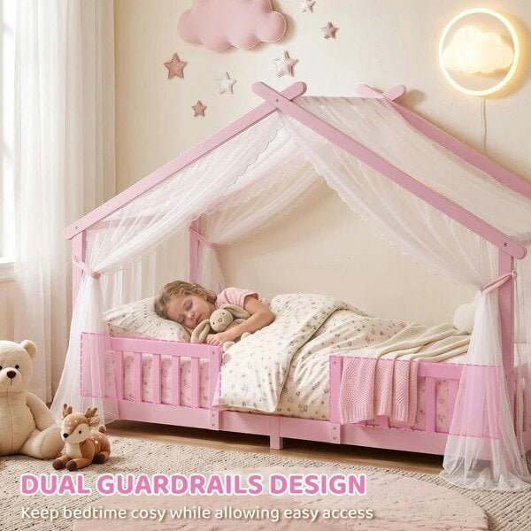 Wooden Kids House Single Bed Frame, Solid Pine Wood Toddler Bed with Dual Guardrails for Children, Boys, Girls, Pink
