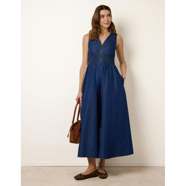 Blue Vanilla Shirred Waist Zip Front Jumpsuit