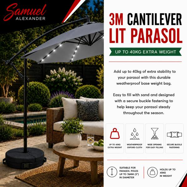 Samuel Alexander 3m Solar Powered Cantilever Lit Banana Garden Parasol with Crank Handle & White LED Lights in Grey with Base Bag Included
