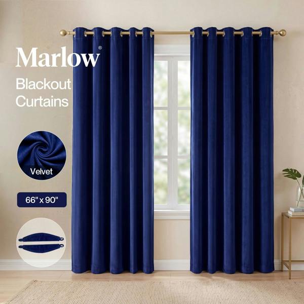Marlow Thick Thermal Blackout Curtains Velvet 66x90 Inch Eyelet Ring Top Blue