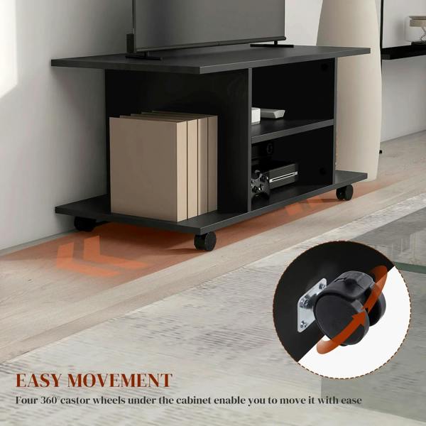 Black TV cabinet stand showing open storage and caster wheels for easy movement