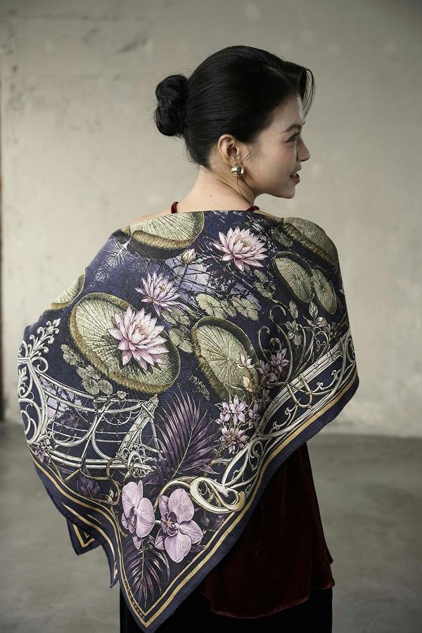 Waterlily House at Night Wool Silk Scarf – Double-Sided Print, Hand-Rolled Hem