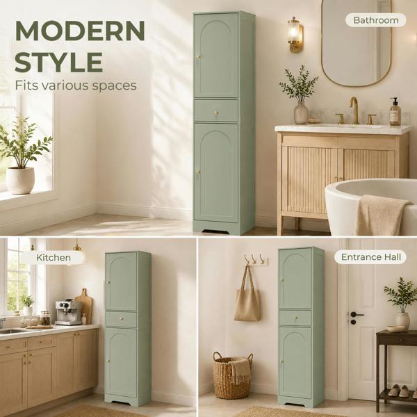 HOMCOM Tall Bathroom Storage Cabinet with Arch Doors and Drawer Light Green