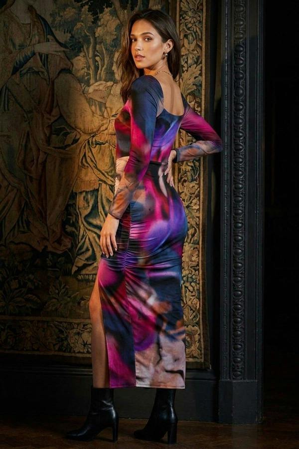 Hana Abstract Printed Long Sleeve Ruched Side Slit Midi Dress - Fuschia