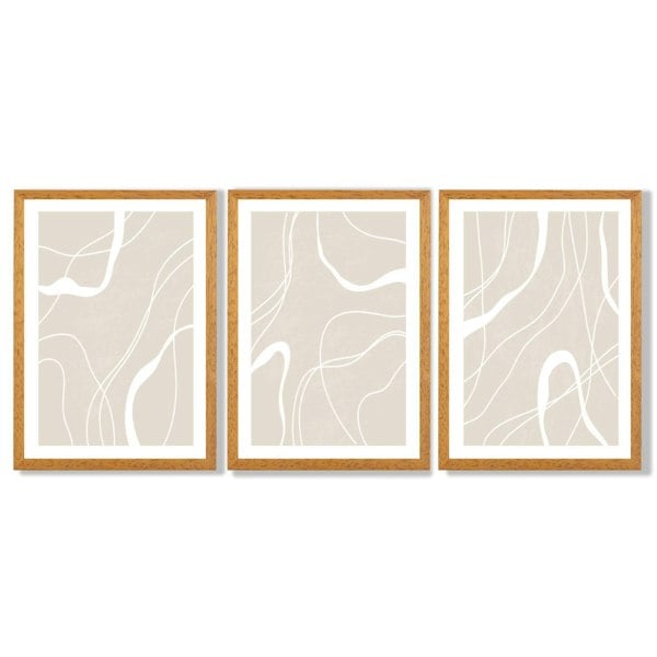 Set of 3 Abstract Neutral Beige Framed Art Prints with Oak Wooden Frames