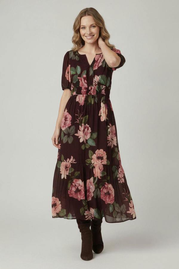 Izabel London Floral Layer 1/2 Puff Sleeve Maxi Dress