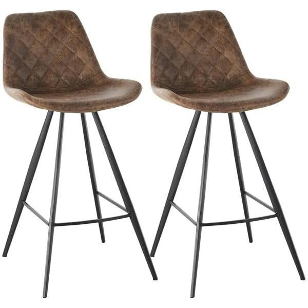 Set of 2 brown quilted padded bar stools with arched seats and steel legs