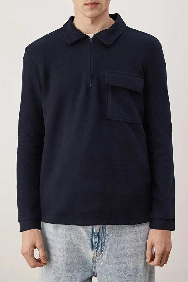 WOVCOR Polo Collar Zippered Men's Sweatshirt with Pocket Detail