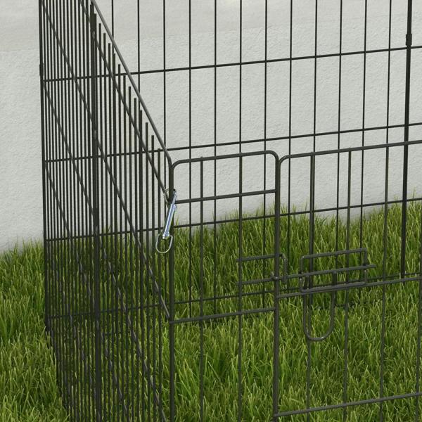 Black wire dog pen corner with door latch and hooks, shows secure metal frame details