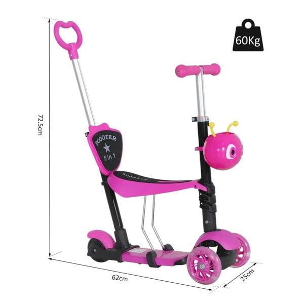 Pink kids adjustable scooter with removable seat, adjustable handle and three wheels