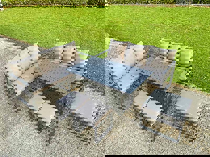 Fimous 9 Seater Aluminium Garden Furniture Set with Adjustable Rising Dining Table, 2 Sofas, 3 Footstools - Dark Grey