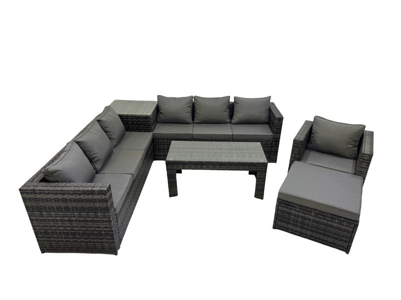 Fimous Garden Rattan Outdoor Furniture Set 8 Seater Patio Corner Sofa Oblong Coffee Table with Chair Big Stool Side Table Dark Grey
