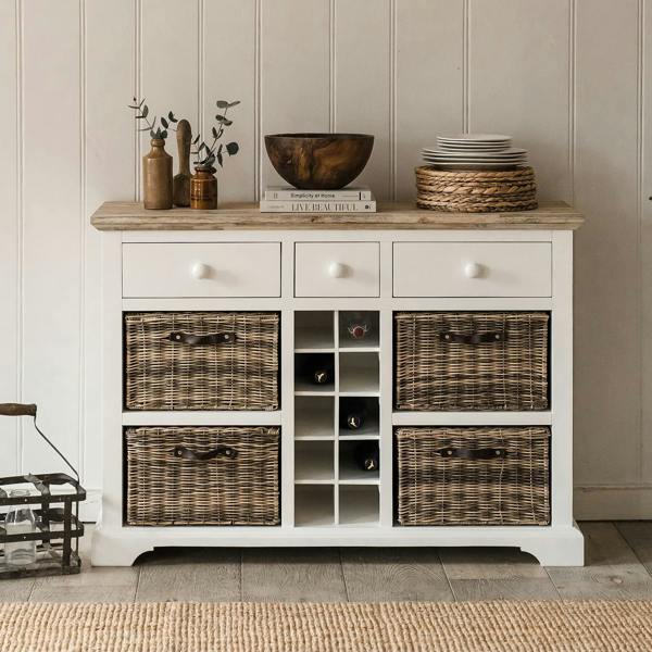 Statement Furniture Florence Wooden Sideboard with Wine Rack, 3 Drawers and Storage Baskets