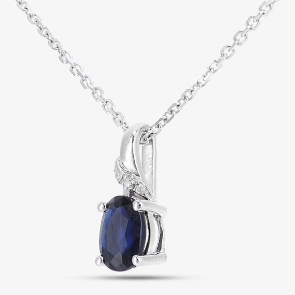 T. H. Baker 9ct White Gold Oval Sapphire & Diamond Twist Pendant Necklace DP1612WSA