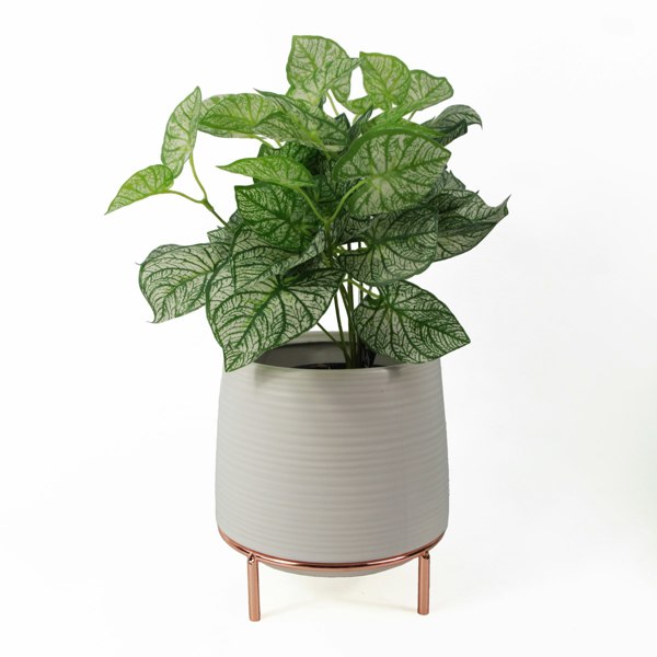 Leaf 18cm White Ceramic Planter with Metal Stand