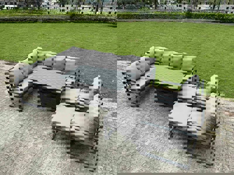 Fimous 10 Seater Aluminium Outdoor Garden Furniture Set with Adjustable Rising Dining Table, Corner Sofa, 2 Chairs & 2 Footstools - Grey