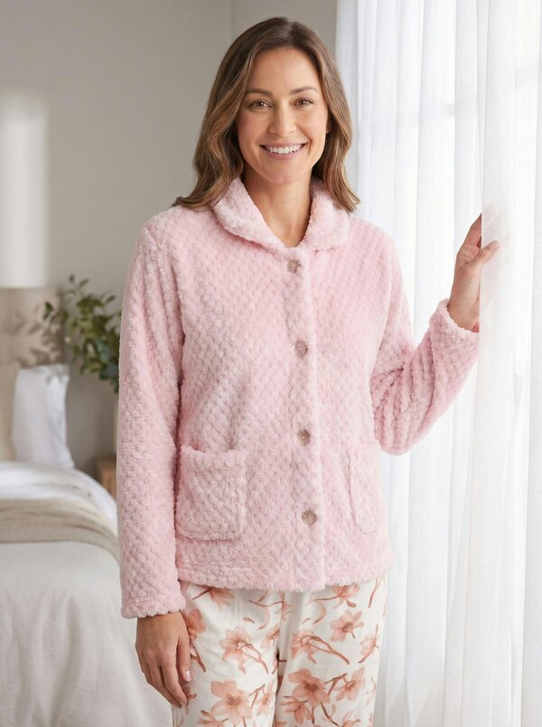 Camille Womens Supersoft Popcorn Textured Fleece Button Up Bed Jacket