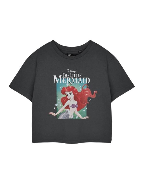 Disney The Little Mermaid Womens Grey Ariel Bubbles Cropped Short Sleeved T-Shirt