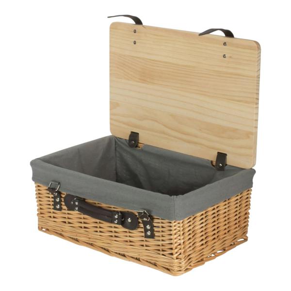 Buff Grey Lined Willow Picnic Basket with Pinewood Lid