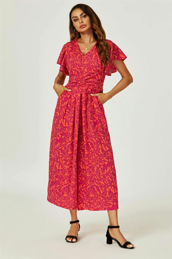 FS Collection Printed Wide Leg Twist Jumpsuit In Fuchsia