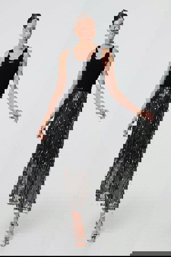 Black | Sparkly Striped Mesh Layer Midi Skirt
