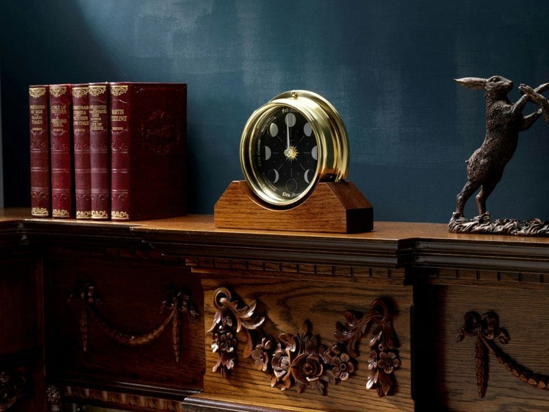 Prestige Brass Moon Phase Clock With a Jet Black Dial Mounted on a Solid English Dark Oak Mantel/Display Mount - TABIC CLOCKS