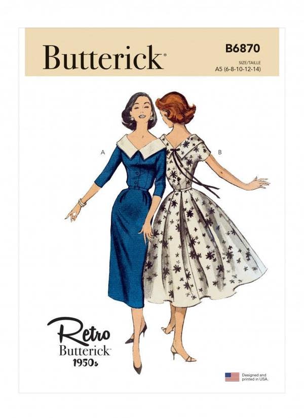 Butterick Sewing Pattern 6870, Dresses, Belts, Vintage Style for Women, A5 (6-8-10-12-14) - Easy