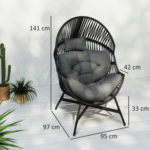 Wyld Haus Rataco Rattan Charcoal Grey Oversized Freestanding Egg Chair With Tufted Cushion And Headrest