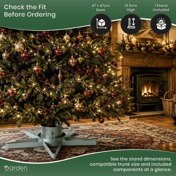 Star-Shaped Silver Christmas Tree Stand with Water Tank, Fits Real Trees up to 2.5m, 3 Screw Clamps for 35-85mm Trunks