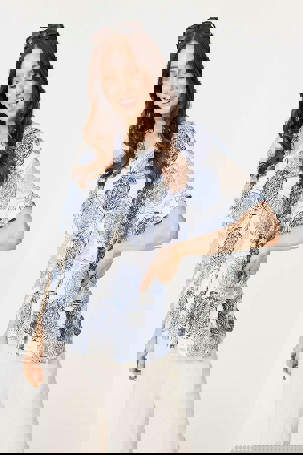 Blue | Printed V-Neck 1/2 Sleeve Blouse