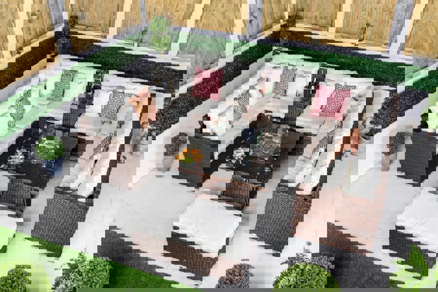 Giardino Havana 8 Seat Modular Sofa Rattan Garden Furniture Set Outdoor Drinks Cooler & Fire Pit Coffee Table, Bench