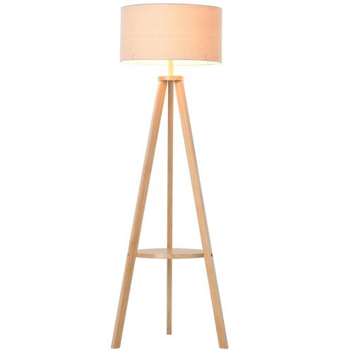 Wyld Haus Laravi Natural Wood And Fabric Cream Tripod Floor Lamp With Shelf And Linen Shade 154 cm