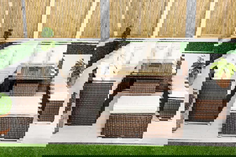 Giardino Santorini 5 Seat Modular Corner Sofa Rattan Garden Furniture Set Outdoor Adjustable Drinks Cooler Coffee Table & 2 Benches