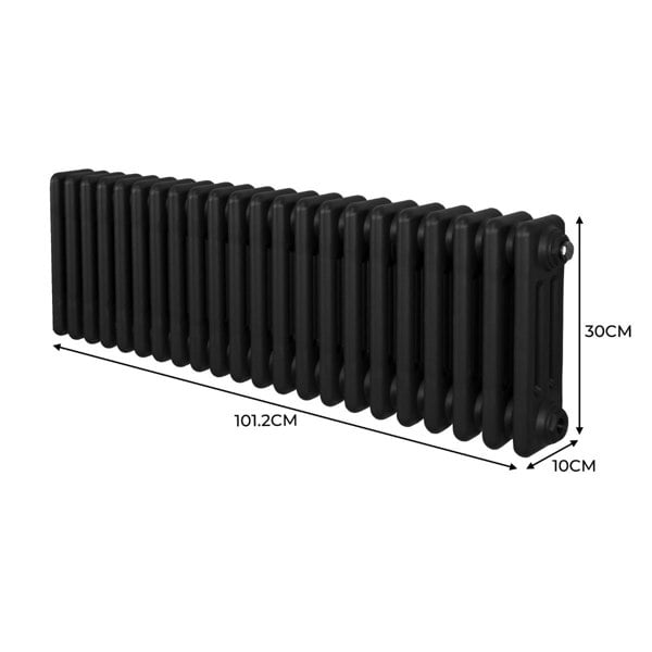 Traditional black 3 column radiator measuring 300mm high and 1012mm wide, featuring a sleek, smooth finish and classic design