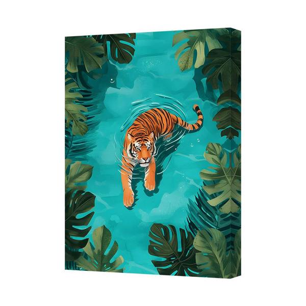 Benjamin Tate Design Tiger In Water Canvas Art Print With Tropical Leaves