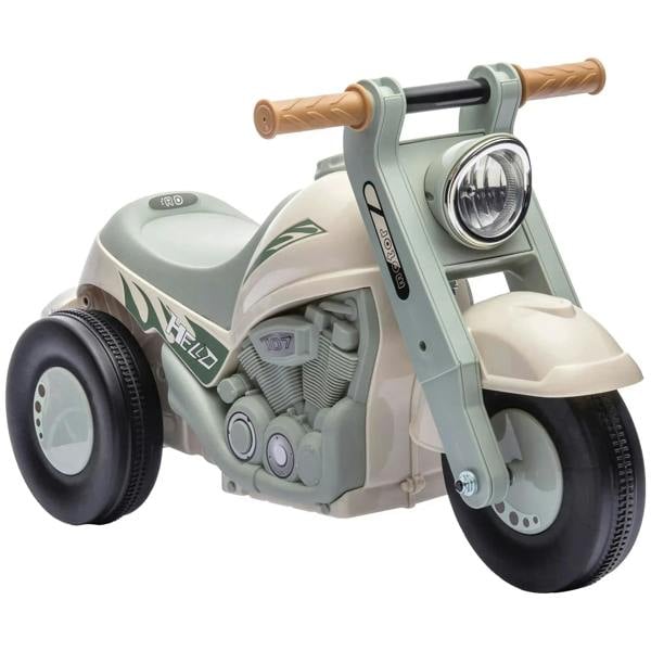 Kids ride-on sliding car in cream and light green, with headlight and handlebars
