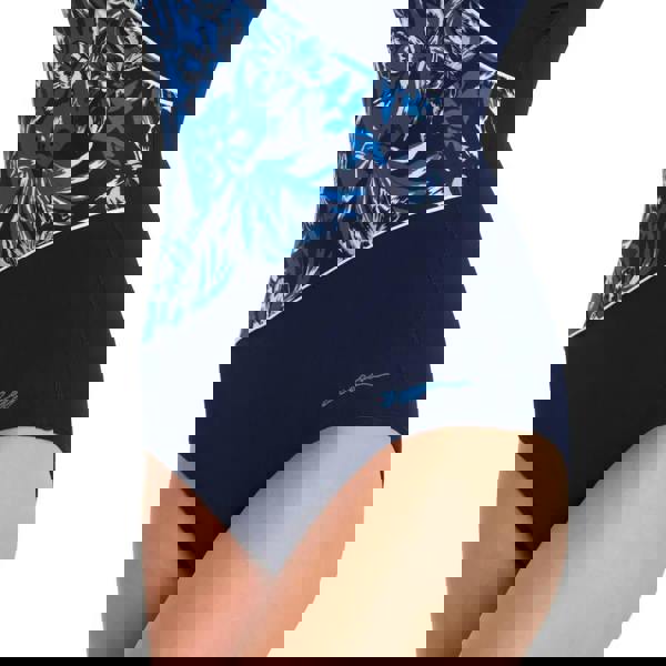 Zoggs Sapphire Wrap navy blue one-piece swimsuit with floral print