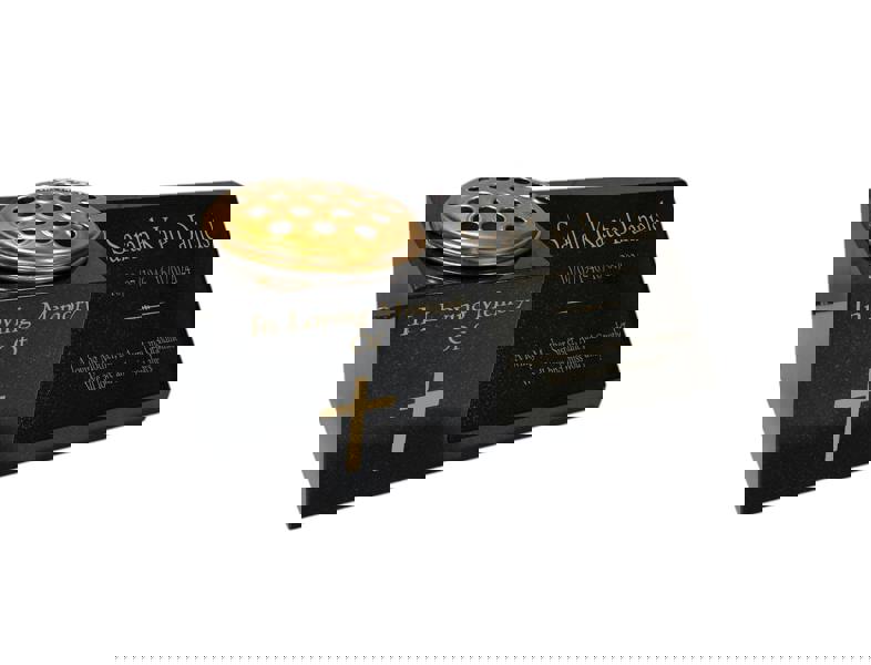 Memorials Direct Granite Memorial Vase and Plaque Combination – Cross Design, Solid Granite (16x6x6”) with Flower Pot Insert