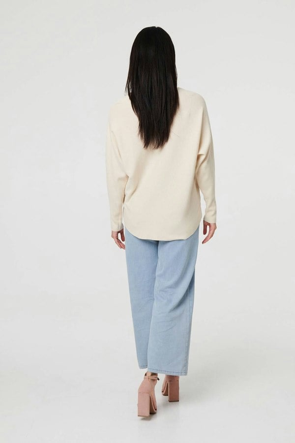 Beige | Heart Print Batwing Sleeve Jumper
