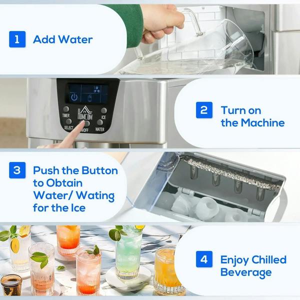 Silver ice maker with hand using controls and open ice-making area